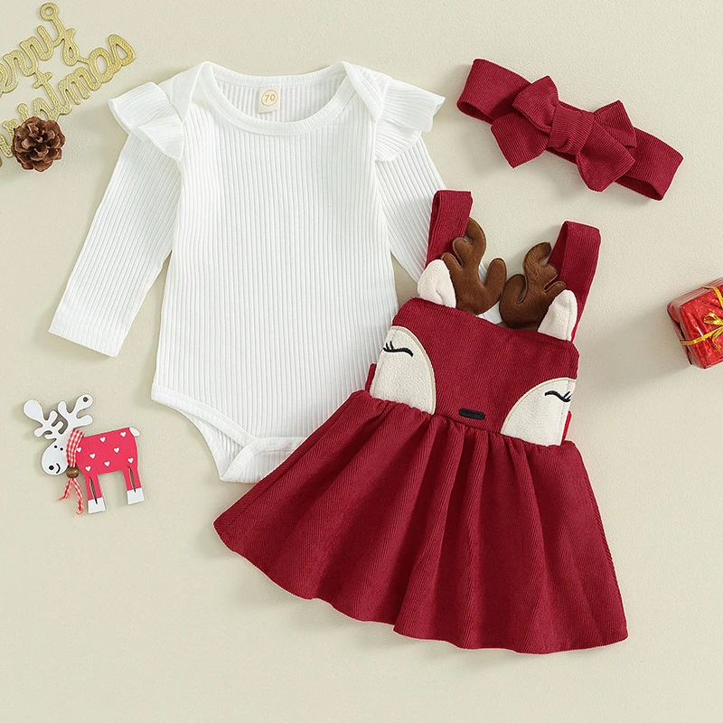 

Baby Girls Christmas Outfits Long Sleeve Romper + Deer Suspender Skirt + Headband Set Newborn Clothes 0-18 Months