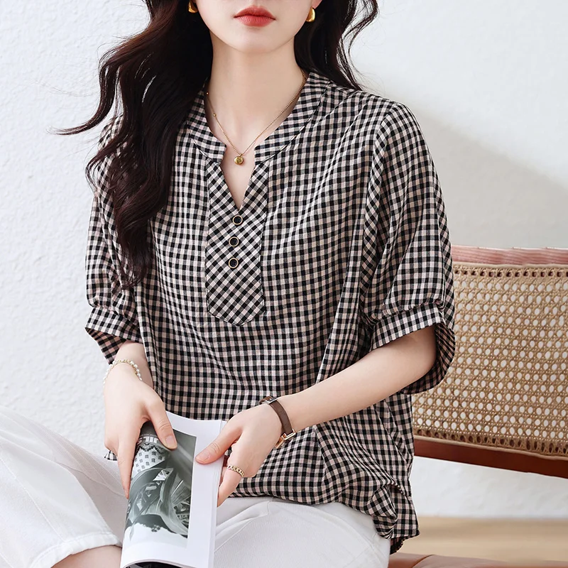 2023 Summer New Women's Silk Plaid Printed V-Neck Top Shirt Loose Large Short Sleeve Panel Slim Irregular T-shirt Shirt