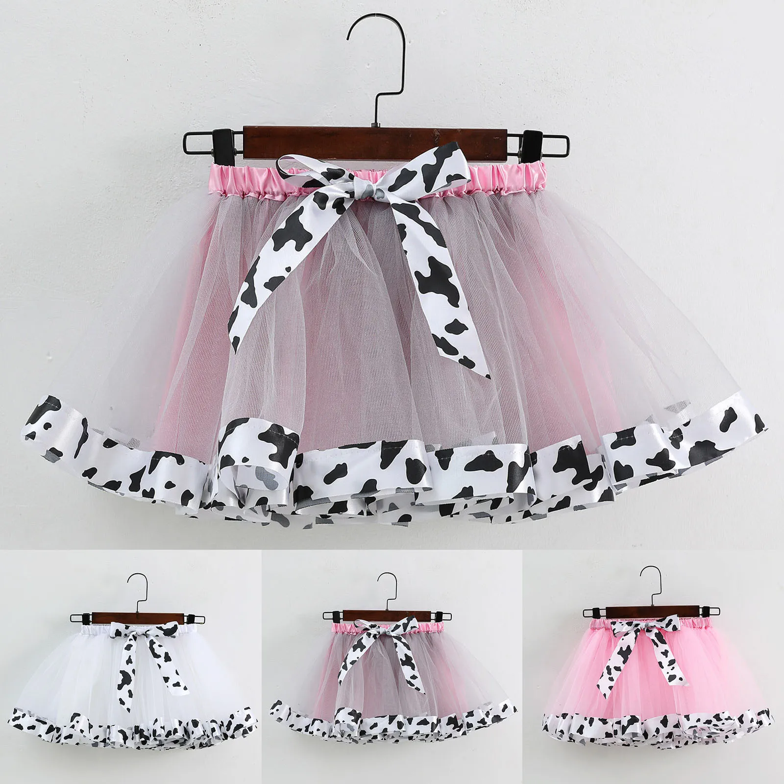 Toddler Girls Birthday Party Tutu Skirt Performance Skirt Bowkot Cute Fashion Cow Stripe Printing Skirt Little Girls Mini Skirt