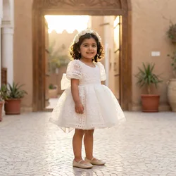 Baby Girl 1st Birthday Party Dress Puff Sleeve Toddler Girls Princess Dresses with Bow Kids Ball Growns White Wedding Dress