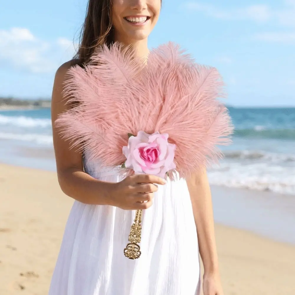 Gold Handle Ostrich Feather Fan Handmade Craft Artificial Rose Chinese Hand Fan Fan Soft Fluffy Feather Rose Fan