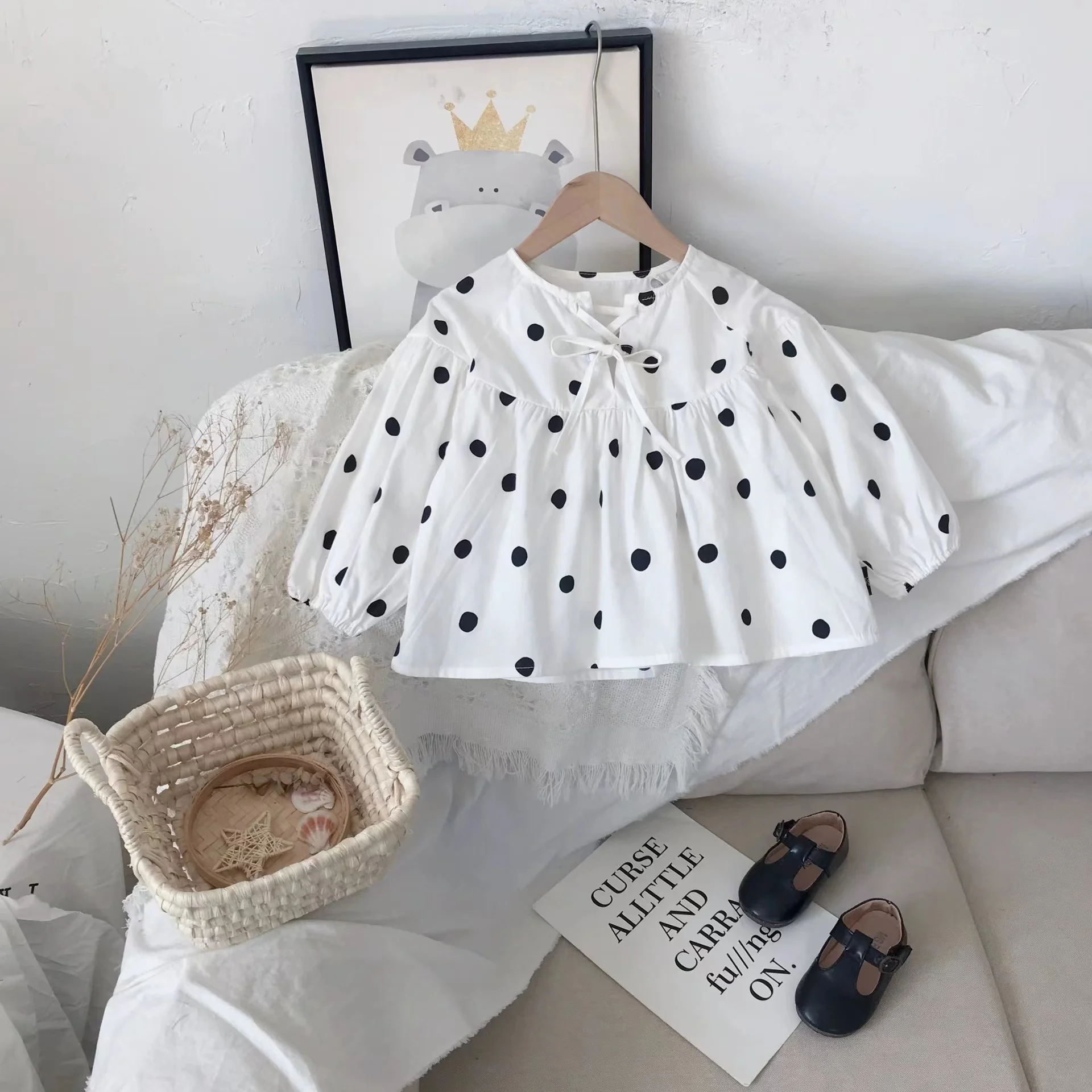 Girls Shirt 2023 Fall New Korean Baby Girl Doll Shirt Long-Sleeved Polka Dot Bubble Sleeve Blouse