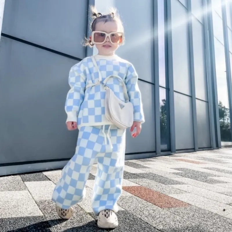 Ensemble de vêtements tricotés à carreaux pour bébé fille et garçon, pull + pantalon, 2 pièces, pour enfant en bas âge, printemps automne hiver, 1-5 ans