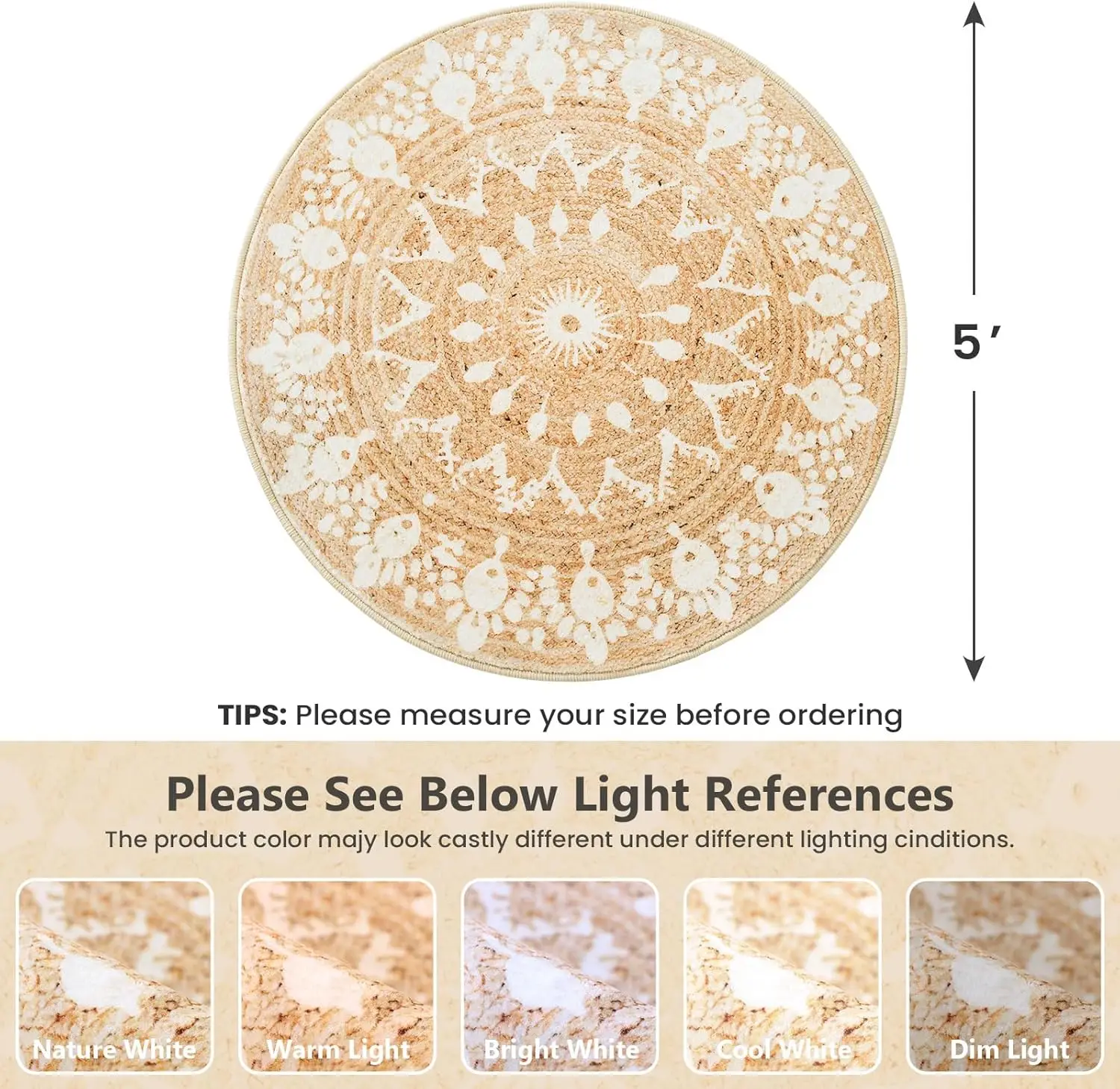 Natural Jute Mandala Round Rug Beige Base with White Floral Pattern Boho Chic Style