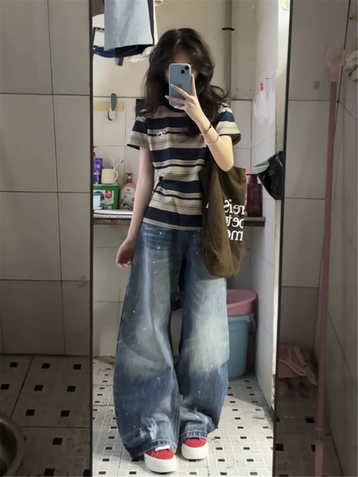 

American High Street Splashed Ink Wide Leg Jeans Women Loose Slim Design Tall Extended Knife Pants Spring Casual Cotton High ...