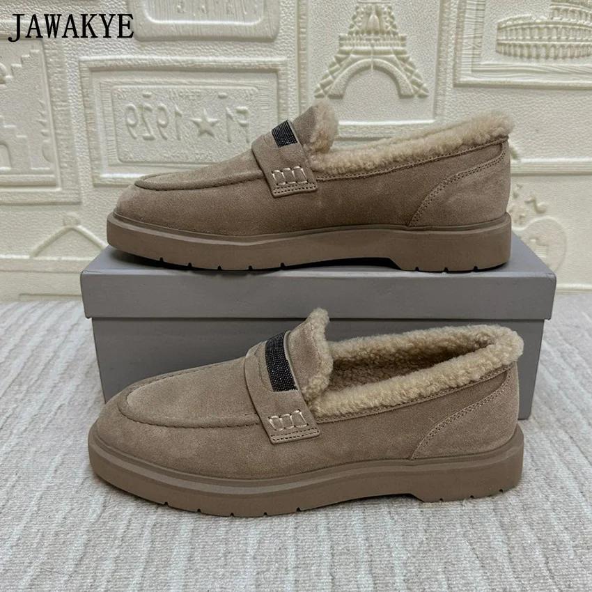 2024 Winter Suede Flat Loafers Shoes For Woman Thick Sole Wool Platform Shoes Casual Comfort Party Vacation Walking Shoes Women