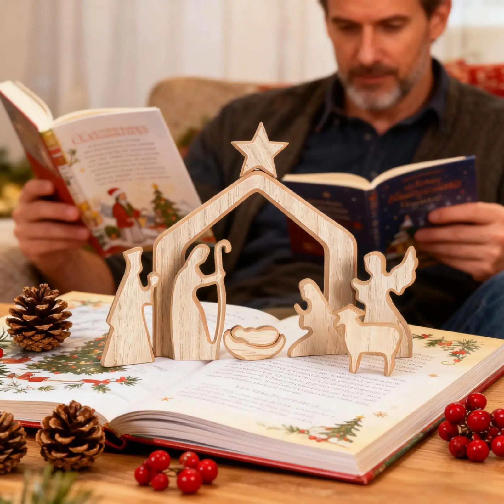 Nativity Set Christmas Wooden Religious Ornament Figurine Miniature Nativity Scene Statue For Tabletop Cabinet Bookshelf