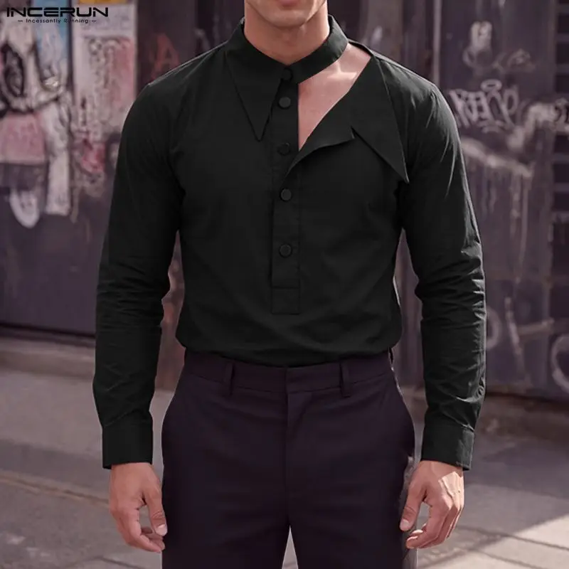 INCERUN Men's Sets Solid Color Lapel Long Sleeve Hollow Out Men Clothes Streetwear Loose Fashion Casual Tops For Man Camisas