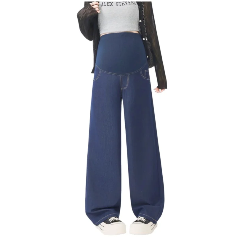 Maternity Denim Blue Jeans Wide Leg Straight Leg Pants Belly Support Pregnancy Trousers Non-Fading Casual Outdoor Wear for Women