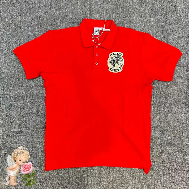 Camiseta Polo con etiqueta de parche bordado de Saint Vanity roja, camiseta con solapa para hombres y mujeres, camisetas holgadas informales de manga corta para ir al trabajo de alta calidad