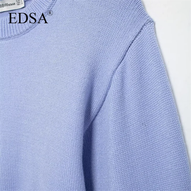 EDSA Women Solid Cropped Knitted Sweater Pullovers Vintage O-Neck Long Sleeves Female Chic Lady Tops