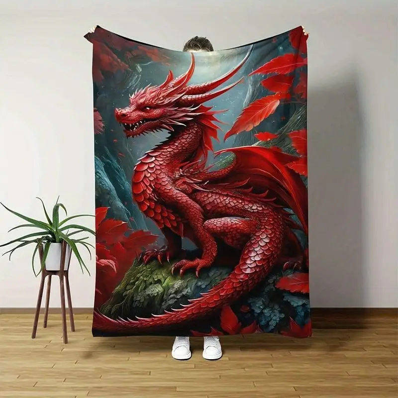 VIKAMA Medieval Red Dragon Flannel Air Conditioner Throw Blanket Maple Leaf Forest Print Soft Warm Sofa Bedroom Decor