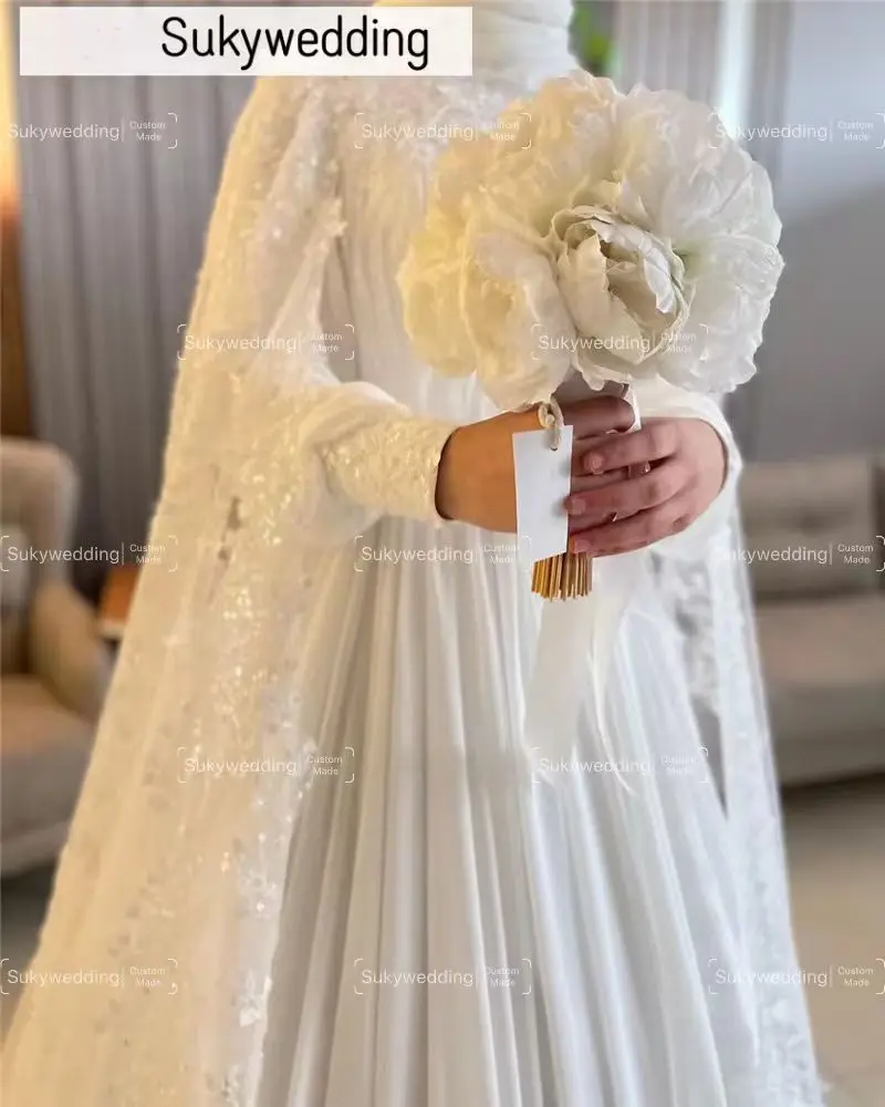 Nuevos vestidos De novia musulmanes con apliques De capa De encaje De manga larga cuentas De gasa vestidos De novia De cuello alto bata De boda personalizada