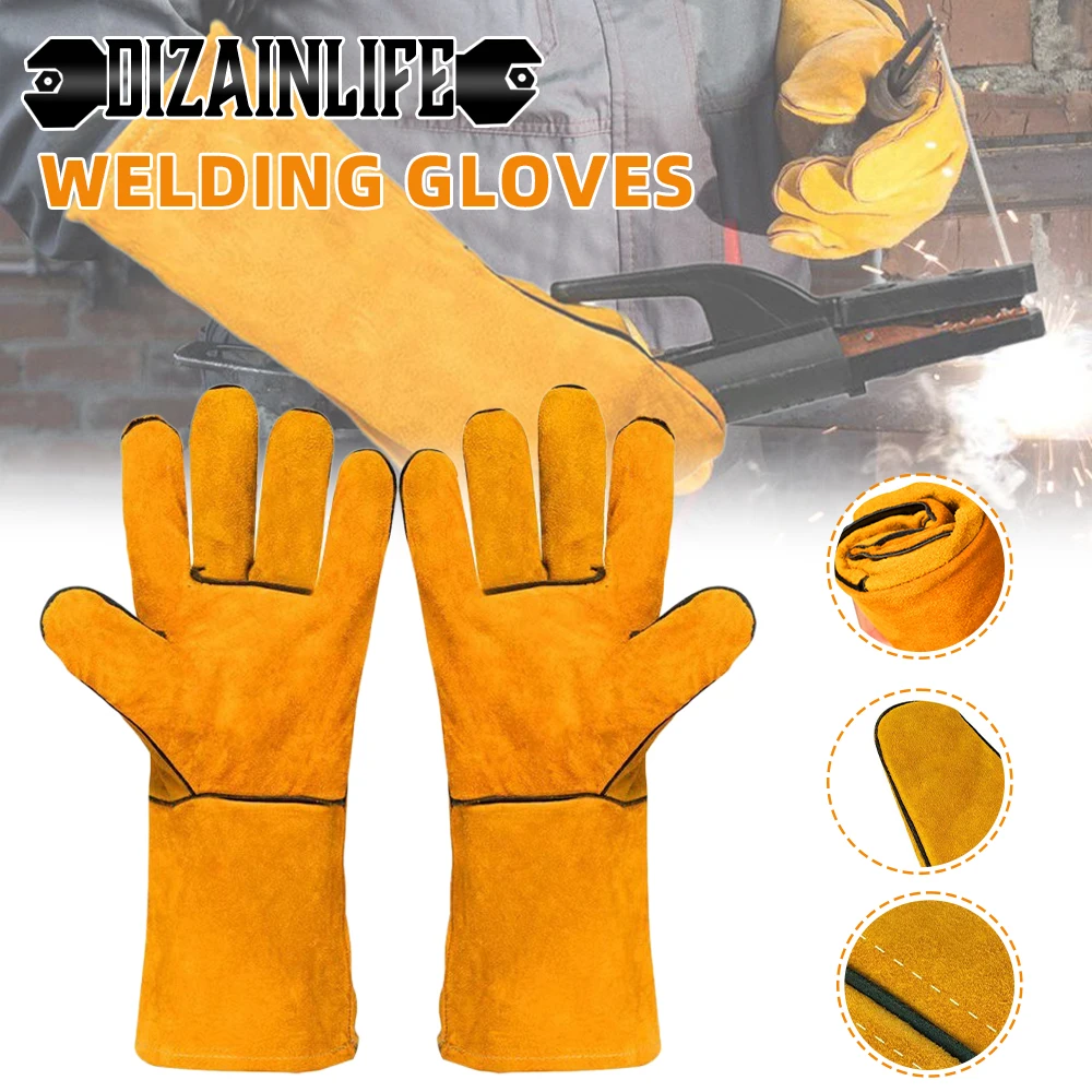 Leather Welding Gloves Cowhide Heavy Duty Safety High-Temperature Resistant Protective Driver Working Welding Mechanic Gloves