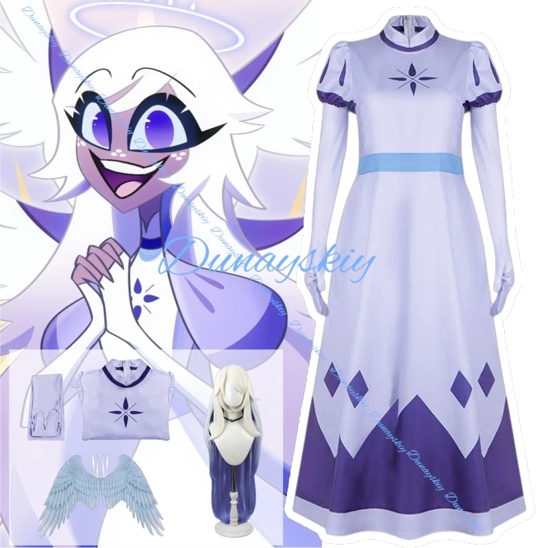 Emily Seraphim Angel Cosplay Suit Hazbin Hotel - Halo Wings Wig Fancy Dress Uniform for Women Halloween Events