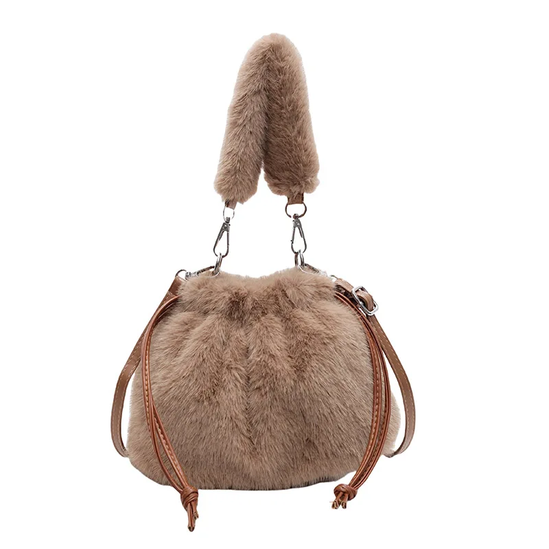 Bolso cruzado tipo cubo de felpa para mujer, bolso con asa superior esponjoso, bolso de hombro informal de piel sintética para mujer, bolso caqui pequeño con cordón