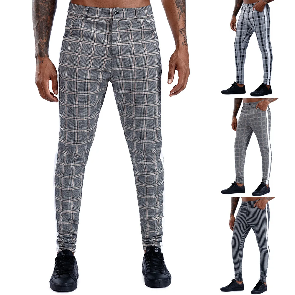 

Mens Cotton Slim Fit Pants Skinny Chinos Joggers Trousers Casual Fashion Ankle Length Streetwear Plaid Side Stripe Pencil Pants