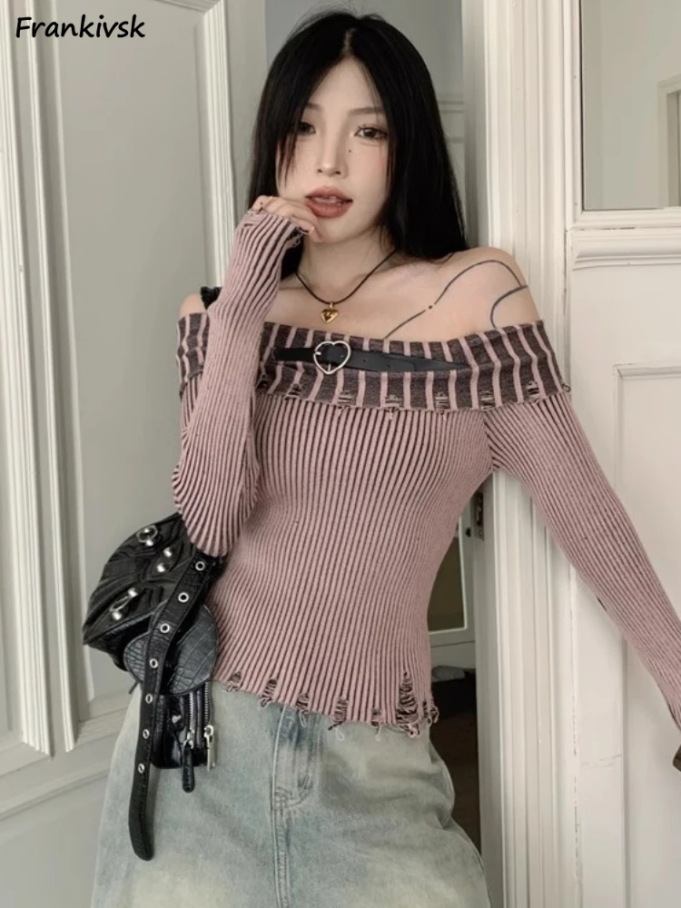 New Vintage Sweaters Women Slash Neck Striped Frayed Chic Hotsweet Off Shoulder American Style Hip Hop High Street Retro Slim