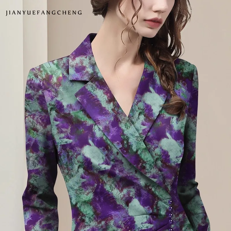 المرأة طويلة الأكمام التلبيب الياقة الأرجواني التعادل مصبوغ بلوزة الساتان نمط خمر غير المتكافئة زر أسفل قمصان الخريف بلايز