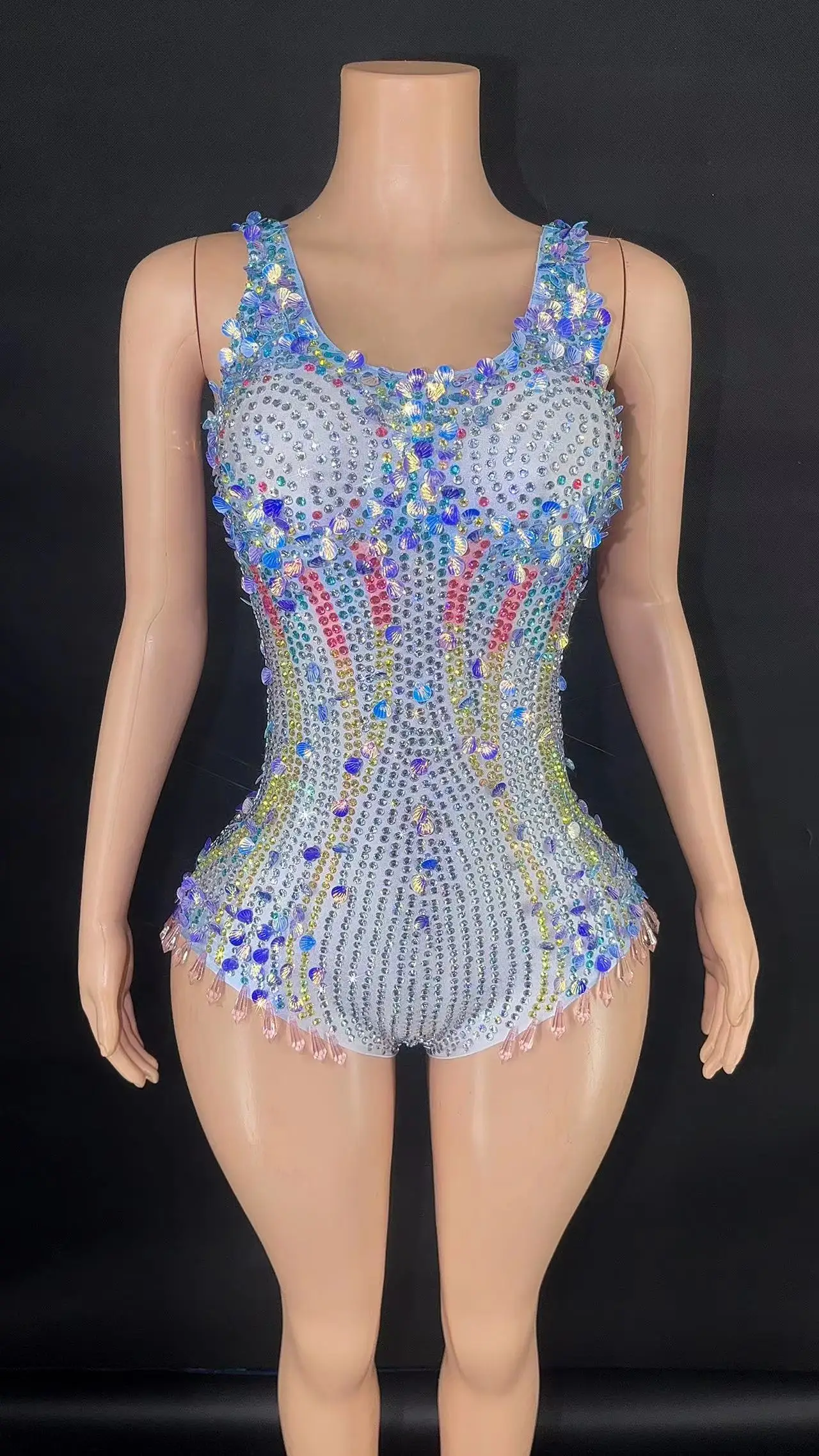 ZD New  Silver Rhinestones Mirrors Stretch Transparent Dress Evening Birthday Celebrate Outfit Sexy Dancer Costume