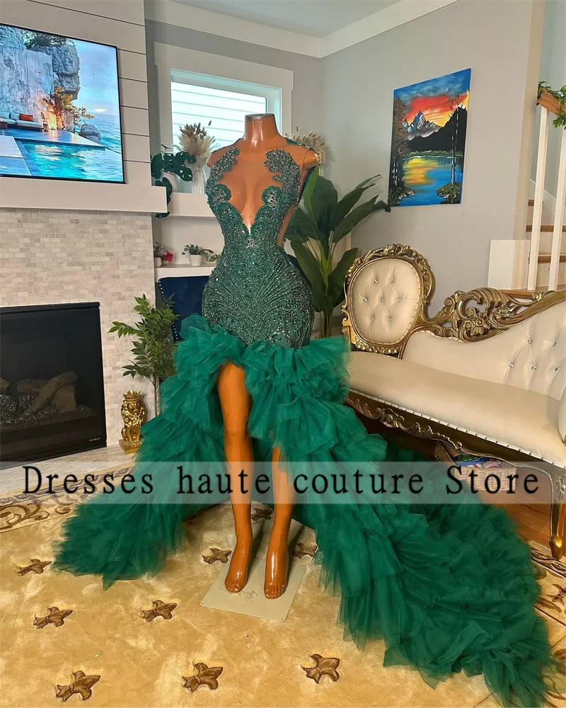 Sparkly Green Crystals Rhinestones Prom Dress Black Girl 2026 Beaded Side Slit Mermaid Evening Dresses Birthday Dress Customized