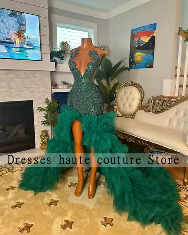 Sparkly Green Crystals Rhinestones Prom Dress Black Girl 2026 Beaded Side Slit Mermaid Evening Dresses Birthday Dress Customized