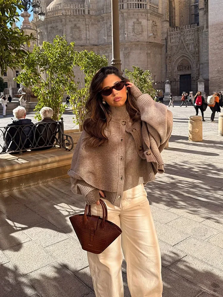 ニットケープカーディガン女性用ショール冬コート女性クロップドコートポンチョ秋ファッションアウターウェア女性のマント2025