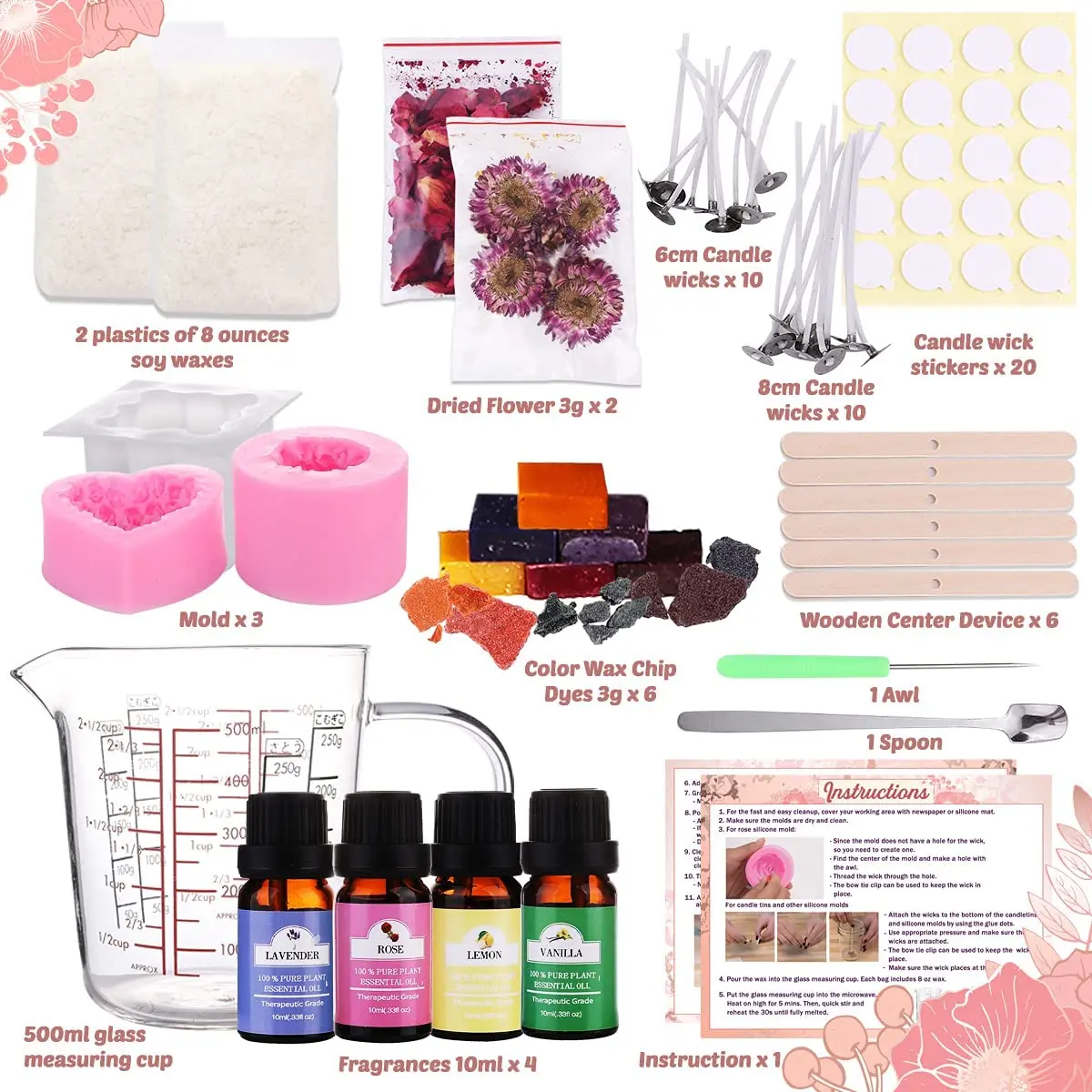 Soy Wax Set Making Kit with Pot Essential Unique Scented Oil with Wicks and Stickers Presents Gifts Women Kids and Adults