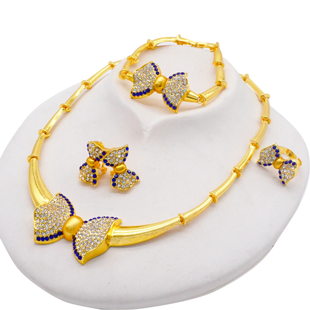 Fashion Gold Color Jewellery Set For Women Dubai African Bridal Gifts Bow Jewelry Sets Necklace Earrings Set Wedding Accessories