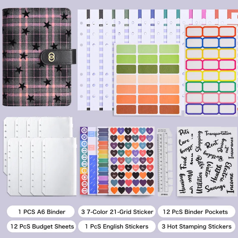 A6 Star Pattern Loose-Leaf Macaron Color Budget Planner with Classified Inner Pages Cash Binder Gift Notebook Office Stationery