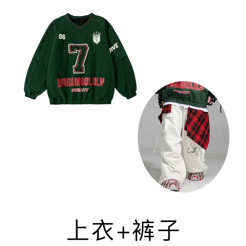 Kinder-Hip-Hop-Kleidung, grün, V-Ausschnitt, elastischer Saum, Sweatshirt, weiß, lässig, breite Cargohose für Mädchen, Jungen, Jazz-Tanzkostüme, Kleidung