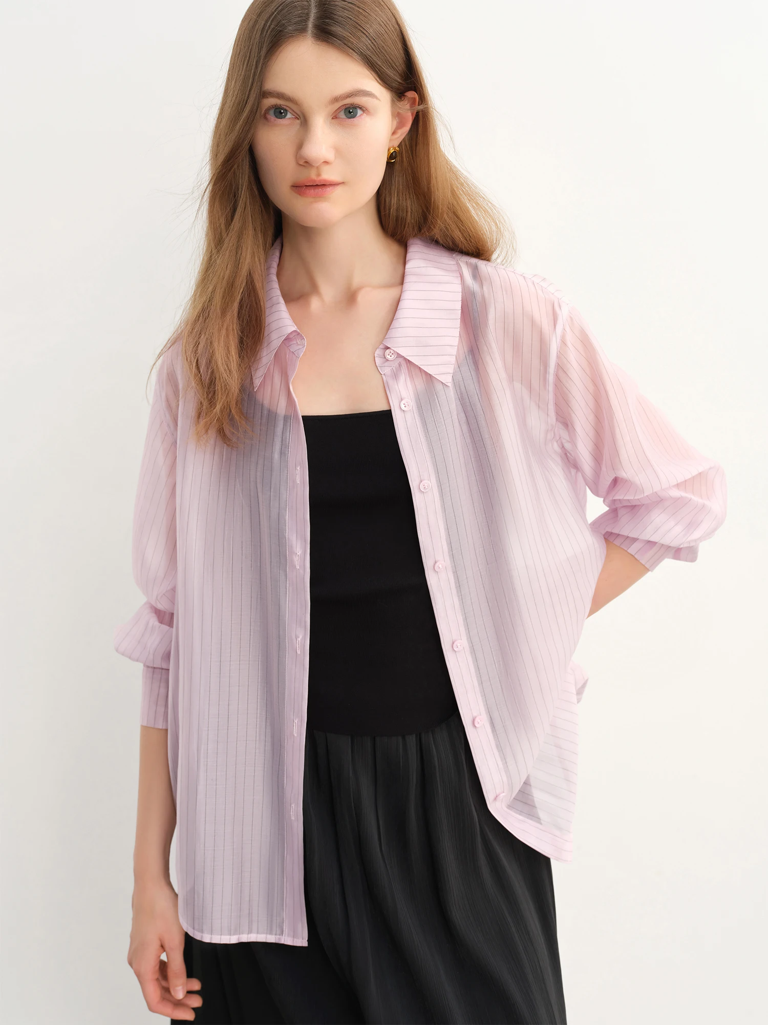 DUSHU Plus Size Striped Perspective Long-sleeved Shirt For Women 2025 Summer New Arrival Fresh Chic Tops for Women 25DS82832