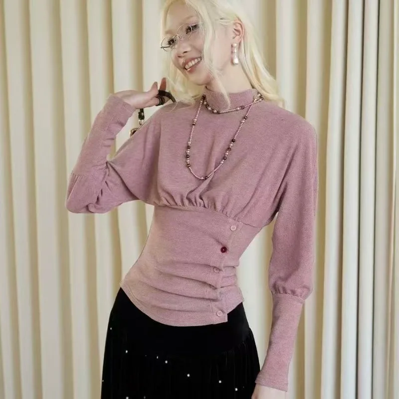 Women New Chinese Turtleneck Ruched Waist Button Slim Long Sleeve Knit Basic Top