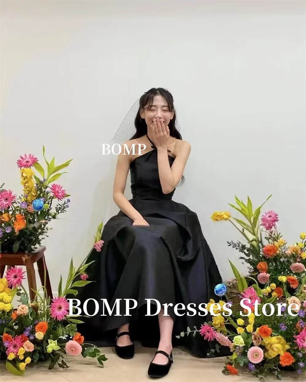 BOMP فساتين زفاف سوداء كوريا صورة تبادل لاطلاق النار الرسن القوس الأميرة ألف خط زي العرائس مشد مخصص ستنساء Ders