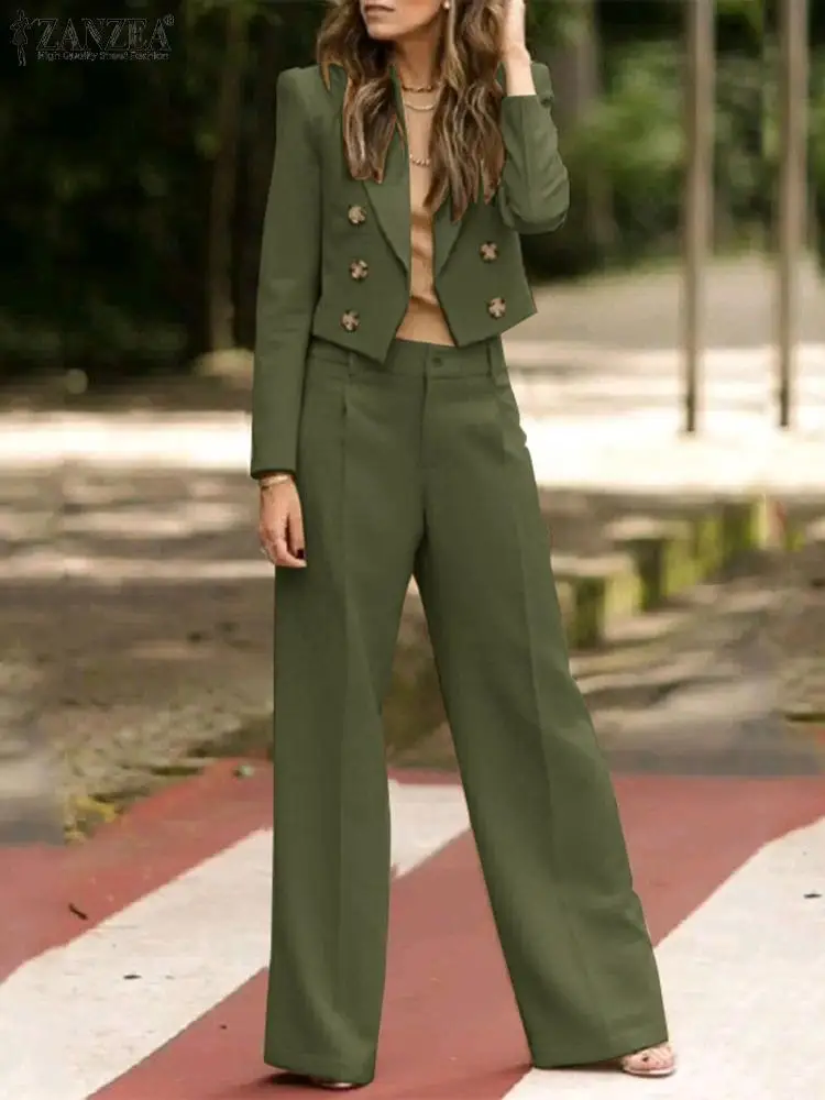 

Casual Wide Leg Trouser Suits 2PCS ZANZEA Fashion Women Blazer Pants Suits Elegant Spring OL Work Matching Sets Tracksuit