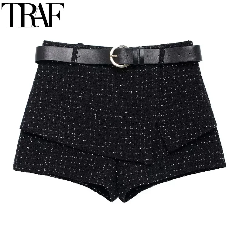 

TRAF Plaid Women's Skirt Pants Belt Black Shorts Women Mid Waist Skirt Shorts Autumn Casual Mini Skirt Pants Tweed Short Skirt