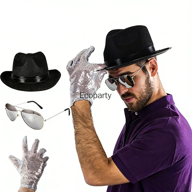 3pcs Set Pop King Jackson Costume Accessories Retro Sequin GlovesBlack Fedora Hat Sunglasses for 80s Adult Hallowee Dress Up