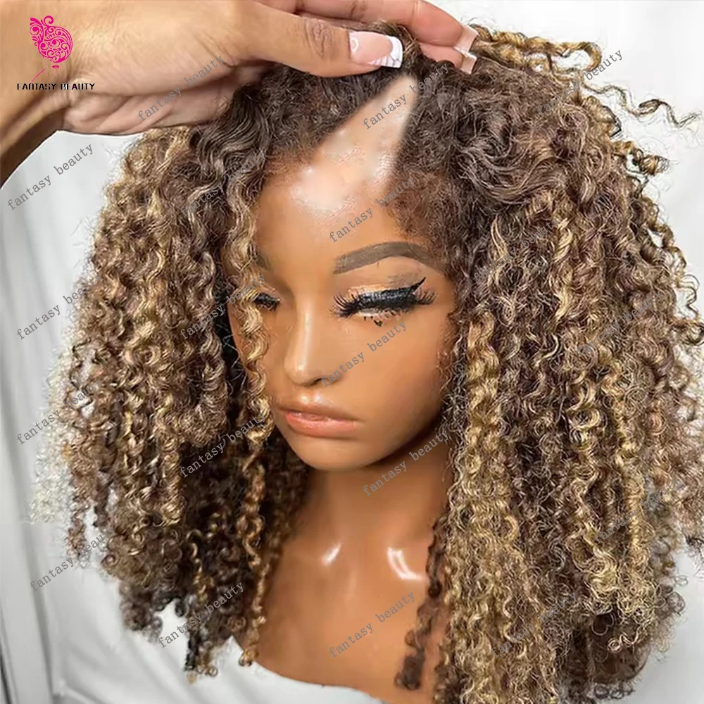 

Highlight Honey Blonde Balayage Chestnut Brown V Part Wig Human Hair Women Afro Kinky Curly Glueless U Part Wigs Machine Made