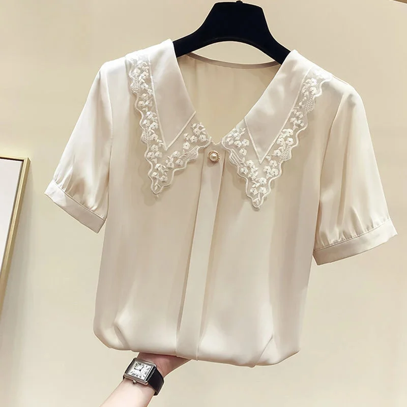 Women Spring Summer Style Blouses Shirts Lady Casual Short Sleeve Peter Pan Collar Chiffon Blusas Top