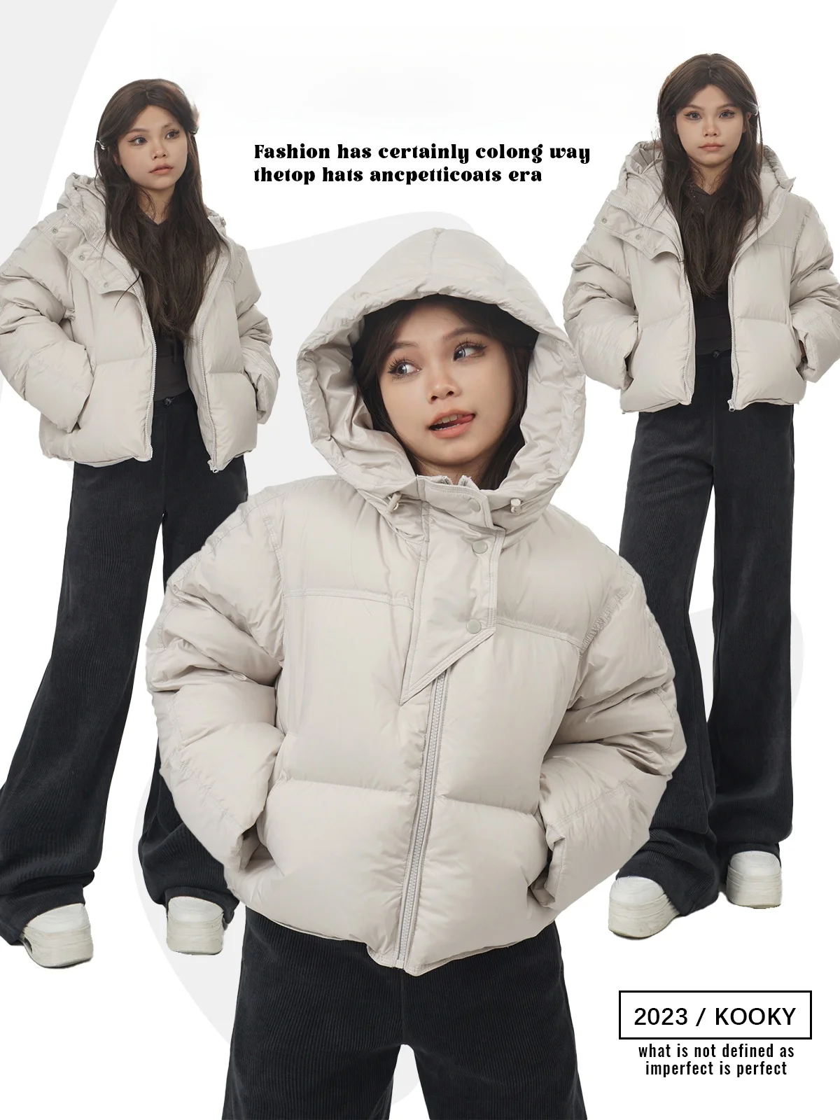

Women's Hooded Duck down Jacket Thickened Winter Coat Street Style Pure Color Zipper Closure Long Sleeve Short Length Loose Fit