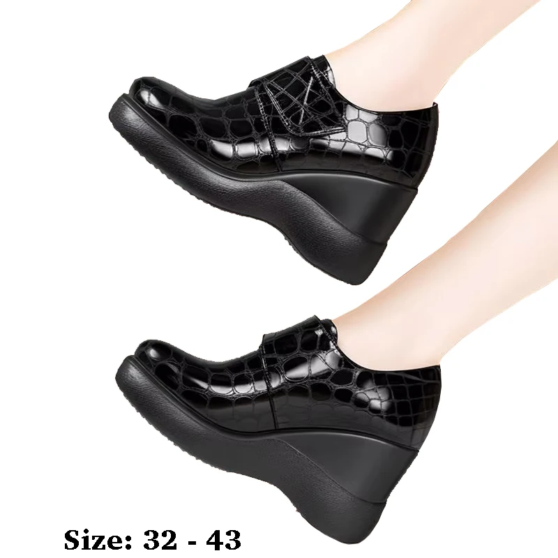

high quality leather wedge shoe for women 9cm high heel platform round toe 32 33 43 elegant and fashion autumn winter shoe black