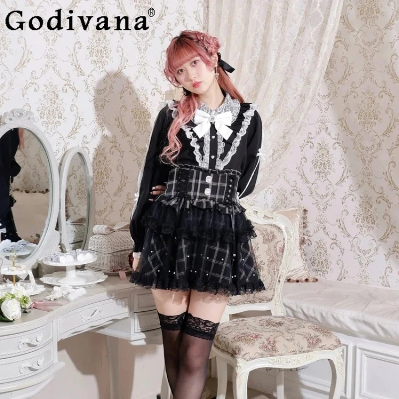 Japan's New Sweet and Cute Bow Lace Long-sleeved Shirt Playful Girls Fashion Versatile Loose Age-reducing Turn-down Collar Top