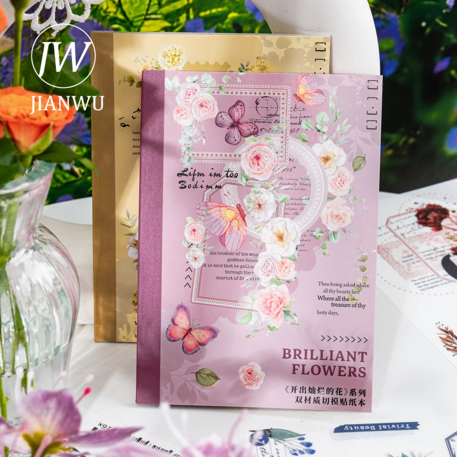 JIANWU Brilliant Flower Series Vintage Border Label Material Collage Sticker Book Creative DIY Journal Scrapbooking Stationery