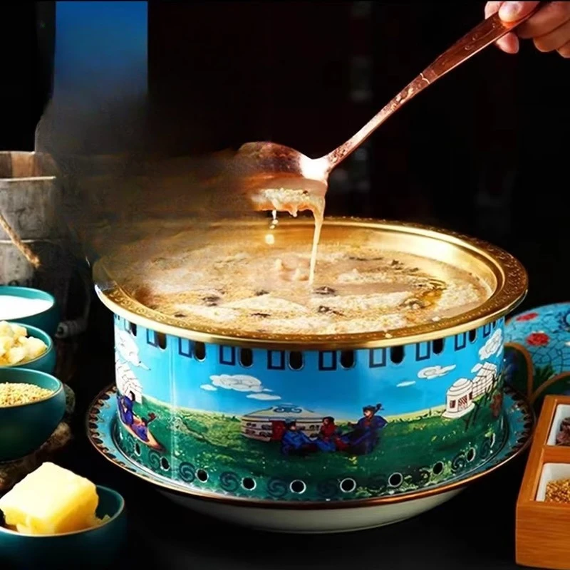 

Pure copper hot pot palace royal alcohol stove blue peony enamel pot Inner Mongolia milk tea special