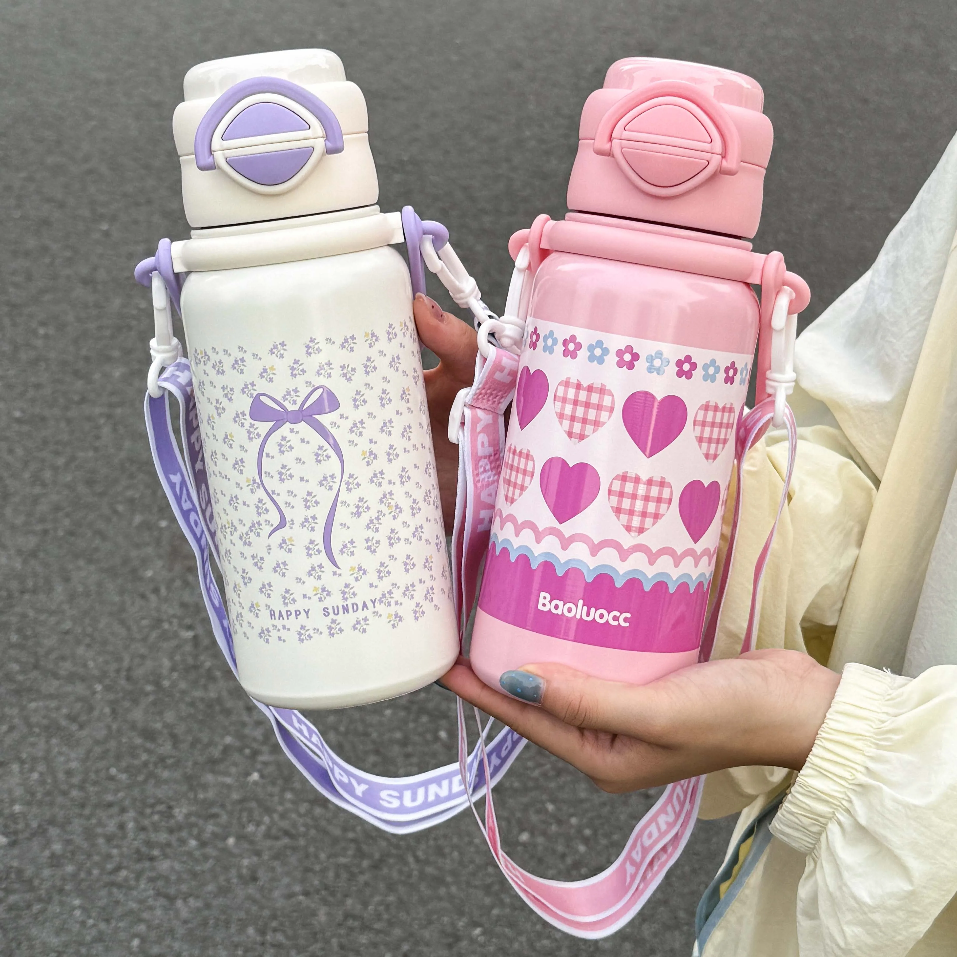 

1pc Stylish Thermos, 800ml Dual-drink Stainless Steel Vacuum Flask with Handle and Strap, Portable Bottle for Outdoor Sports