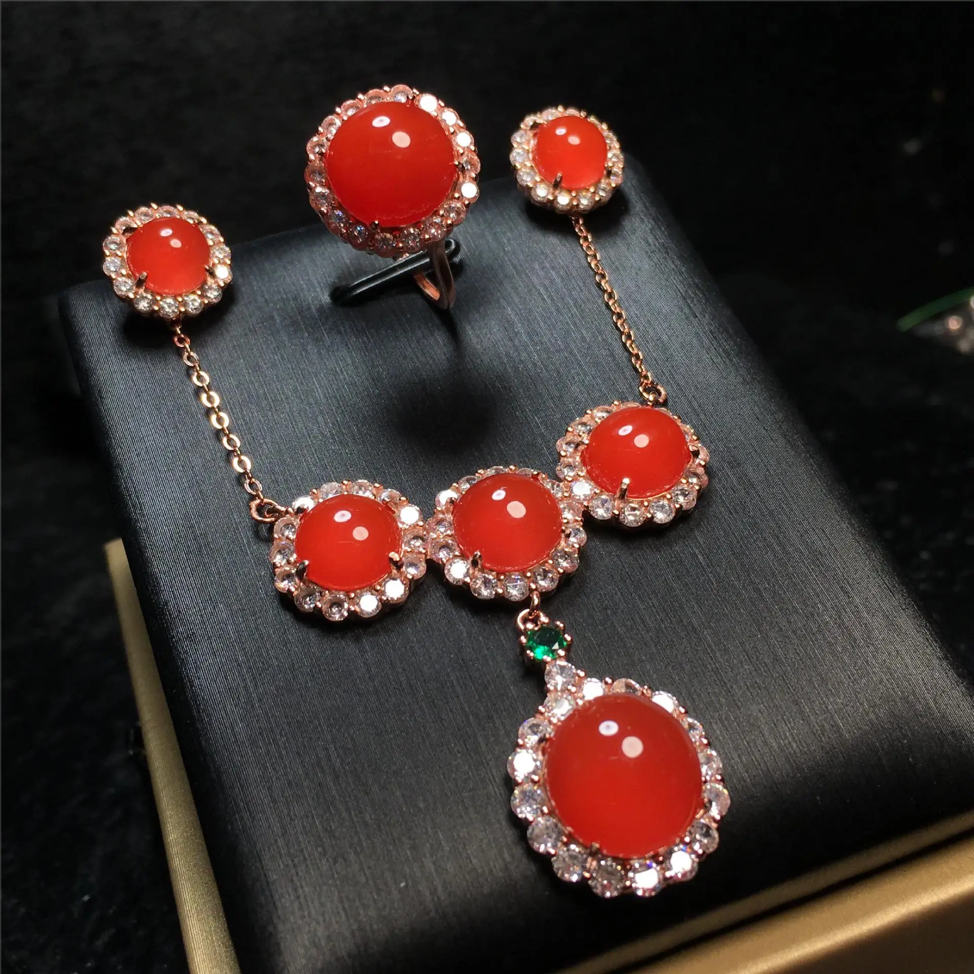 

High Grade Baoshan Red Agate Jewelry Set Necklace Earrings Ring 925 Silver Rose Gold Plated High Glossy Natural Agate