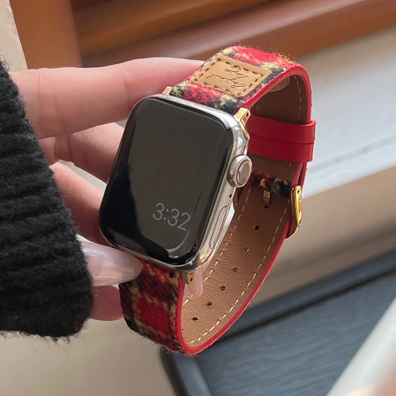 Luxury Woolen Leather Grid Pattern For Apple Watch 49MM 46 45 44MM 42 41 40 38MM   Winter Flannel For Iwatch Series 10 9 8 7 6 5