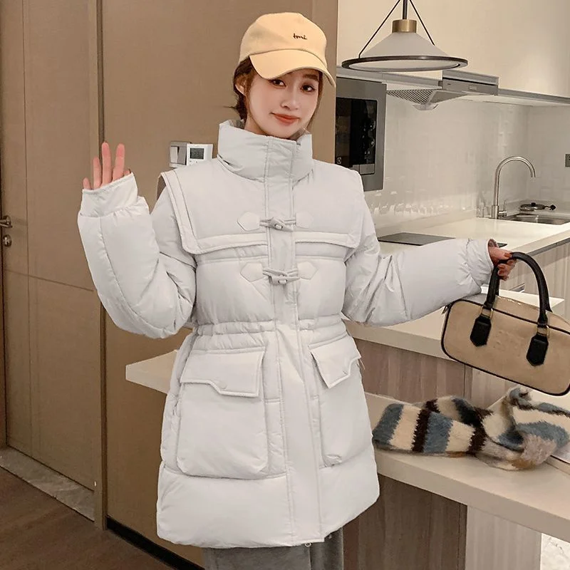 Horn Button Down Cotton Jacket for Women Korean Version Loose Winter Jacket Parkas Thicken Waist-cinching Cold Protection Coat
