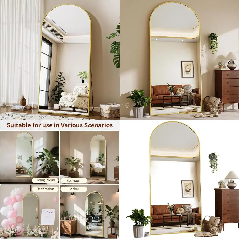 

Arched Full Length Floor Mirror, Standing or Wall Mounted, Aluminum Frame, Gold Finish for Living Room or Dressing Room