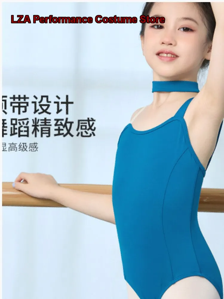 Children's Girls Dance Spaghetti Strap Gymnastics Neckband Design Girls Basic Training Professional Body Suit Kids